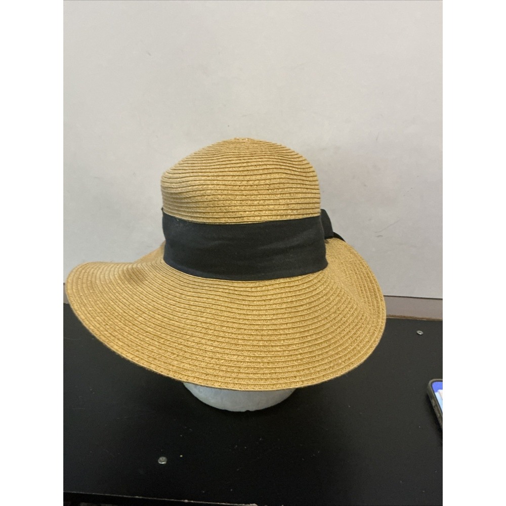 Scala Woven Straw Wide Brim Sun Hat Handmade Ribbon Beige OSFM Stained